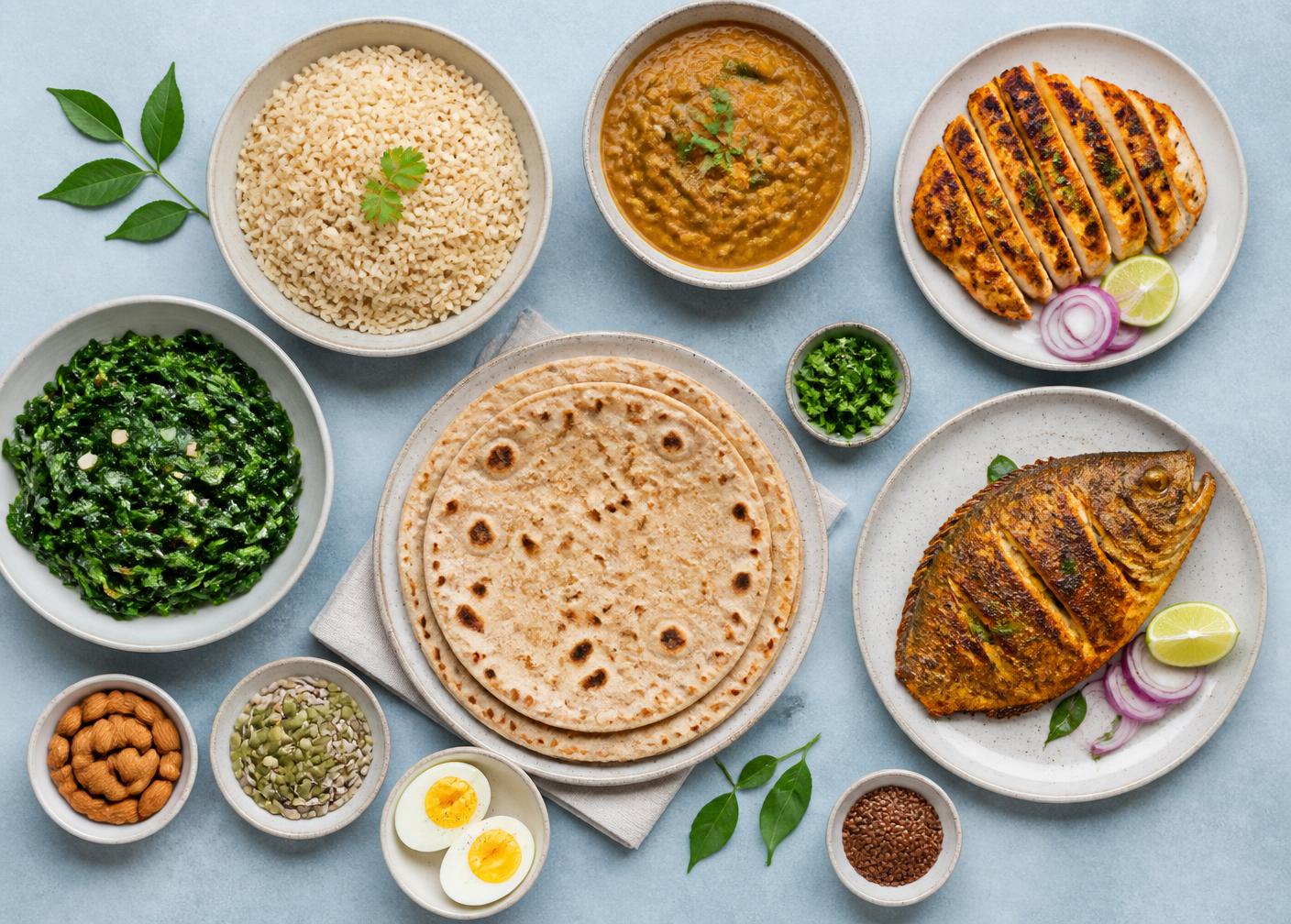 Everyday Pakistani foods including roti, rice, lentils, chicken, fish, vegetables, eggs, nuts and seeds
