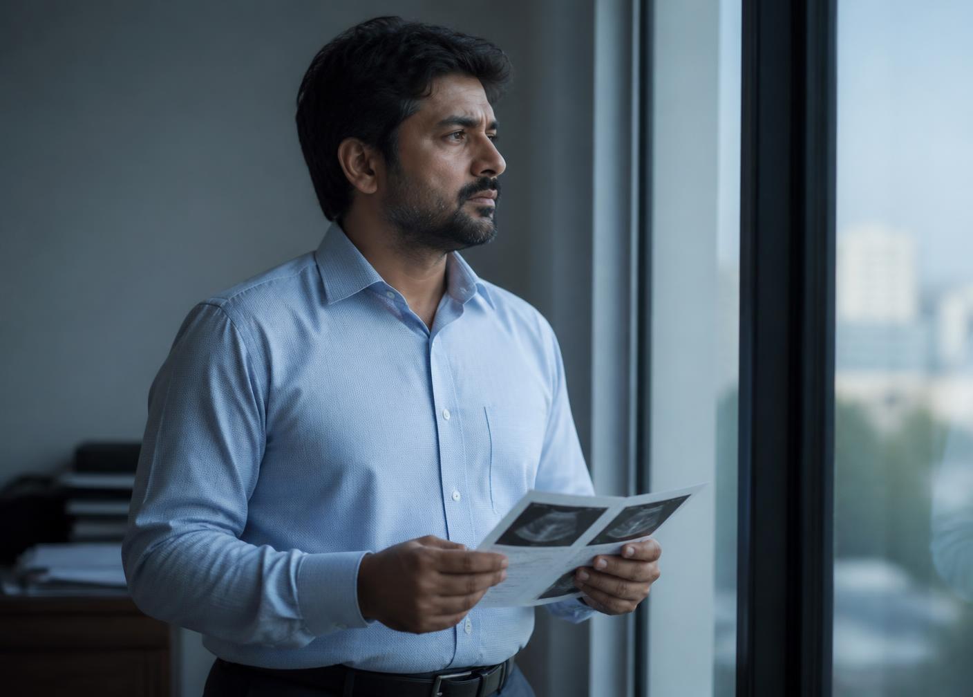 A man in his forties holding a medical report and looking thoughtfully out of a window