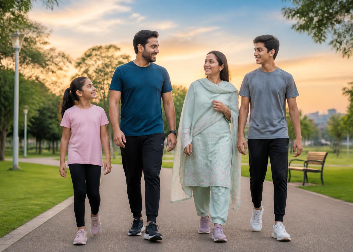 A Pakistani family walking together in a park in the evening